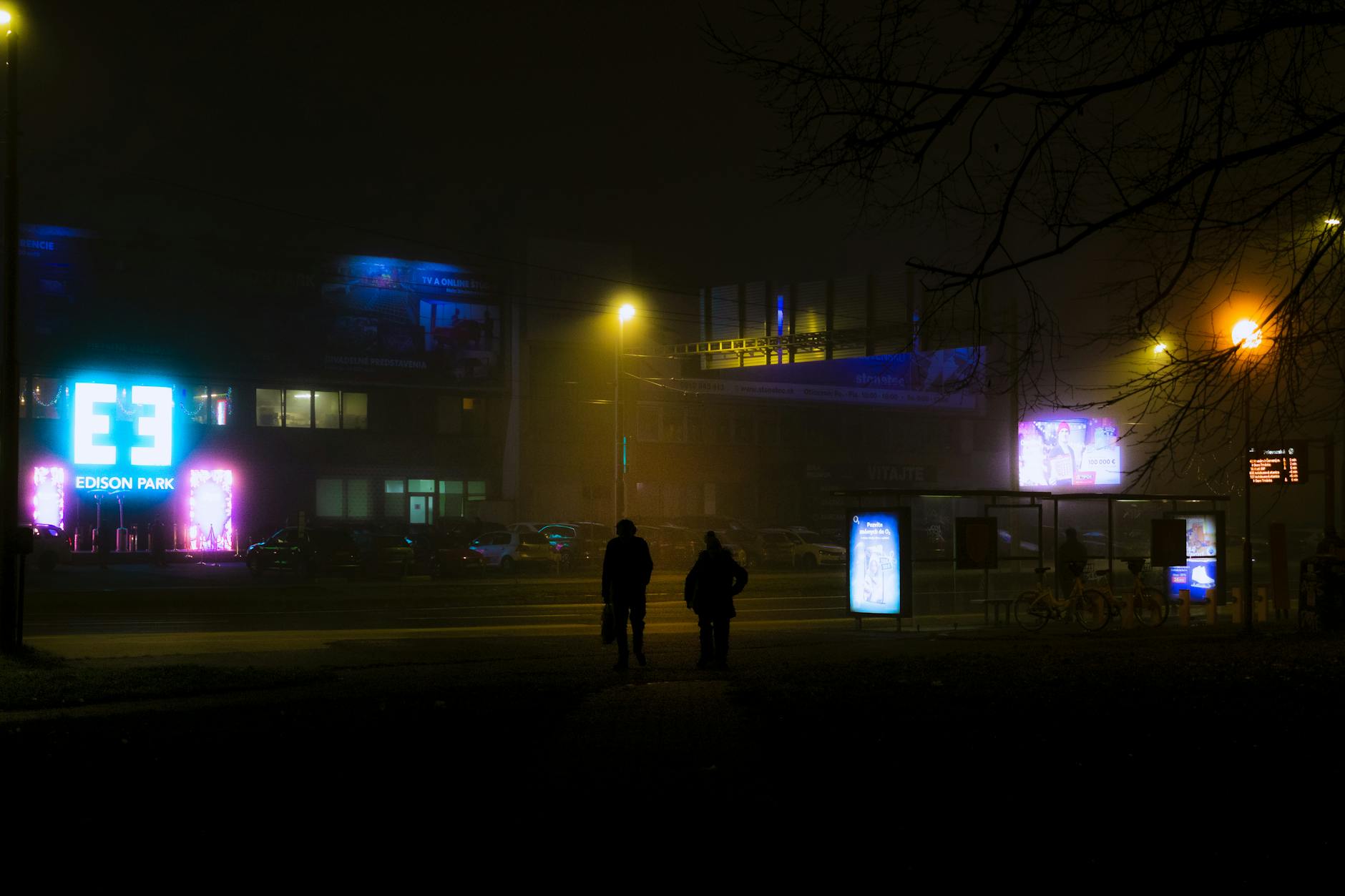 night scene in bratislava with neon glows